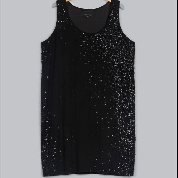 Eileen Fisher XL Silk Georgette Crepe Sequined Knee Length Dress Black Formal - Picture 1 of 6